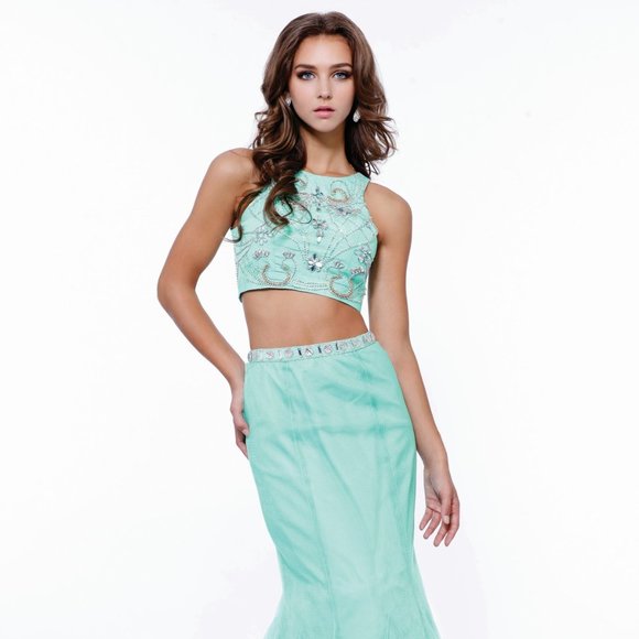 NEW LONG SHEATH TWO PIECES SLEEVELESS DRESS EMBROIDERED WITH RHINESTONES NX 8156 - Picture 1 of 8